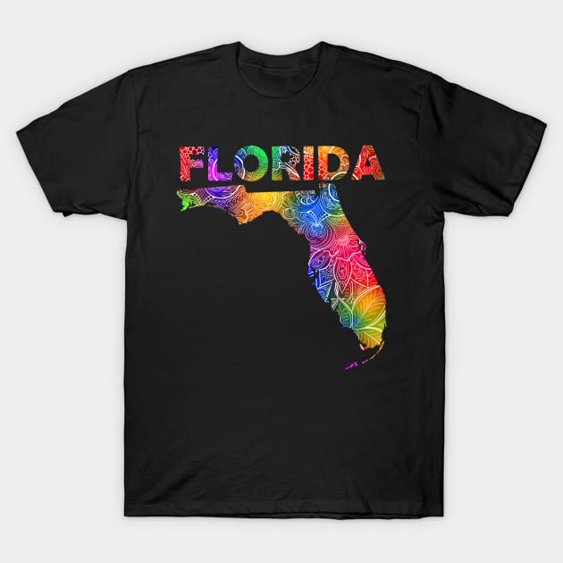 Colorful mandala art map of Florida with text in multicolor pattern T-Shirt by Happy Citizen